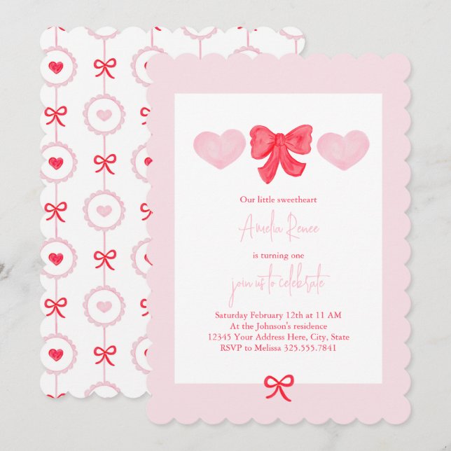 Invitación Primer cumpleaños de el día de San Valentín Squeri (Anverso / Reverso)