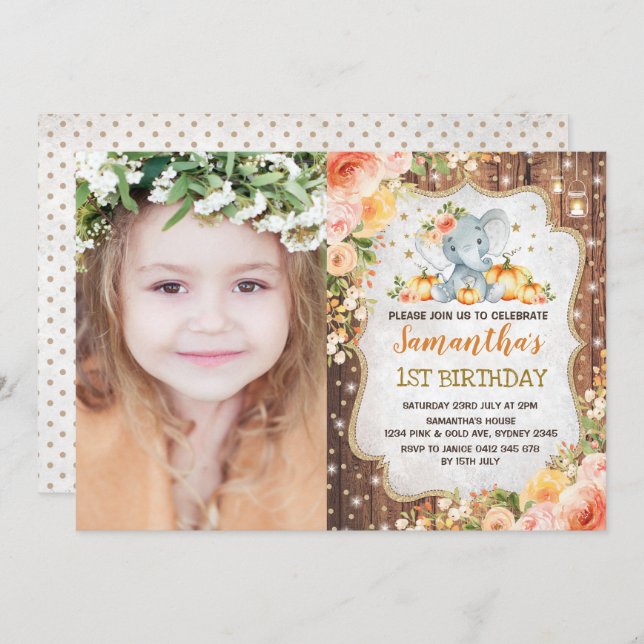 Invitación Primer cumpleaños de Elephant Fall Floral Rustic d (Anverso / Reverso)