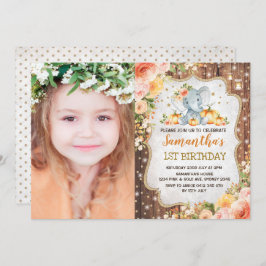 Invitación Primer cumpleaños de Elephant Fall Floral Rustic d
