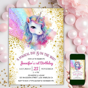 Invitación Primer cumpleaños de Fairy Unicorn   Arcoiris Purp