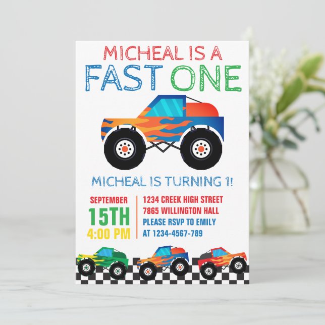 Invitación Primer cumpleaños de Fast One Monster Truck (Anverso de pie)
