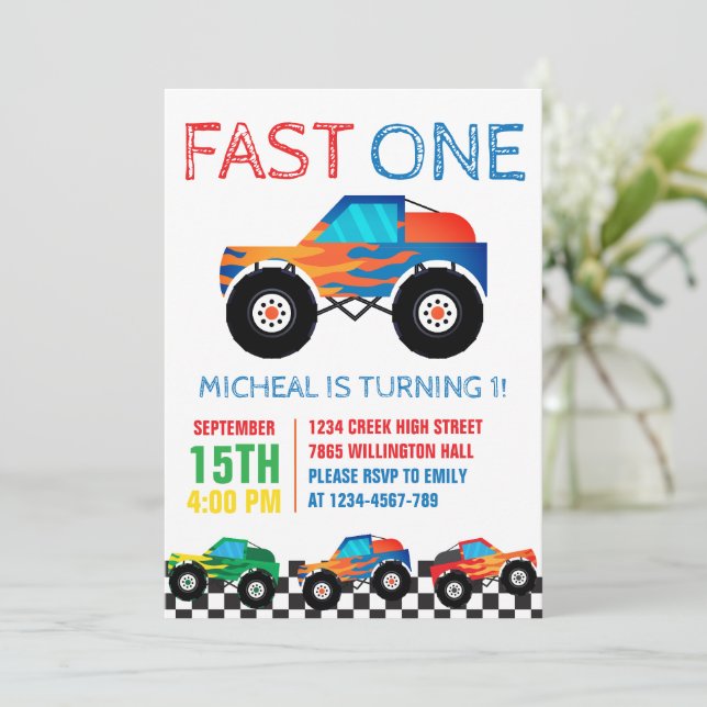 Invitación Primer cumpleaños de Fast One Monster Truck (Anverso de pie)