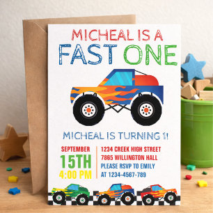 Invitación Primer cumpleaños de Fast One Monster Truck