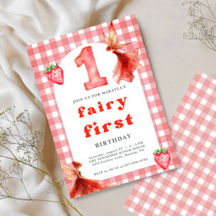 Invitación primer cumpleaños de Feria 1 de Fresa Gingham