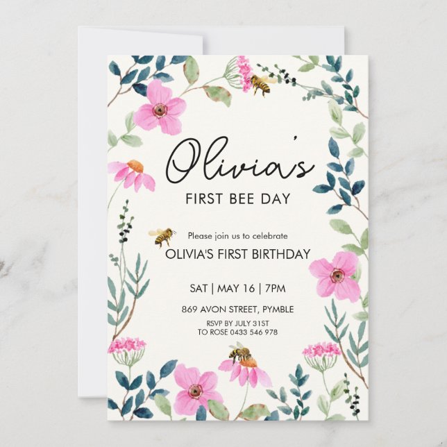 Invitación Primer cumpleaños de Floral Bee (Anverso)