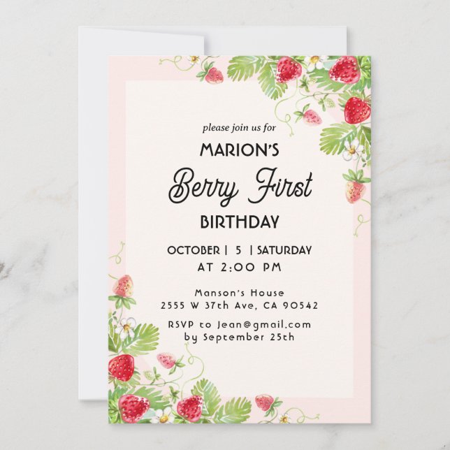 Invitación Primer cumpleaños de fresa (Anverso)