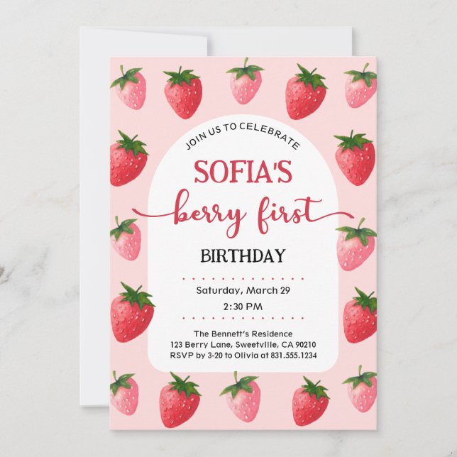 Invitación Primer cumpleaños de fresa Berry (Anverso)