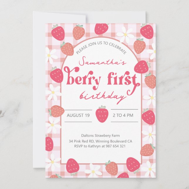 Invitación Primer cumpleaños de fresa Berry (Anverso)