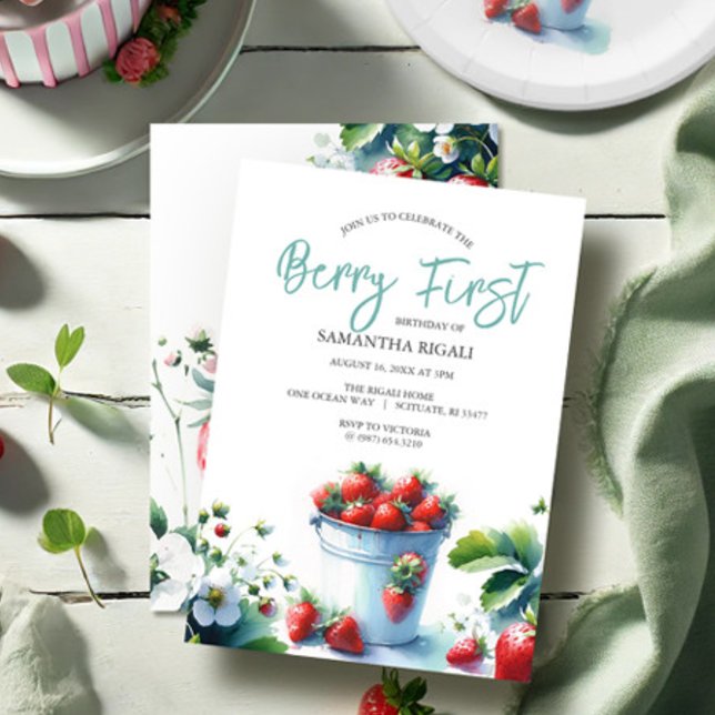 Invitación Primer cumpleaños de fresa Berry (Berry first birthday invitation features watercolor strawberry art in shades of red. )