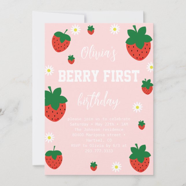 Invitación Primer cumpleaños de fresa Berry (Anverso)
