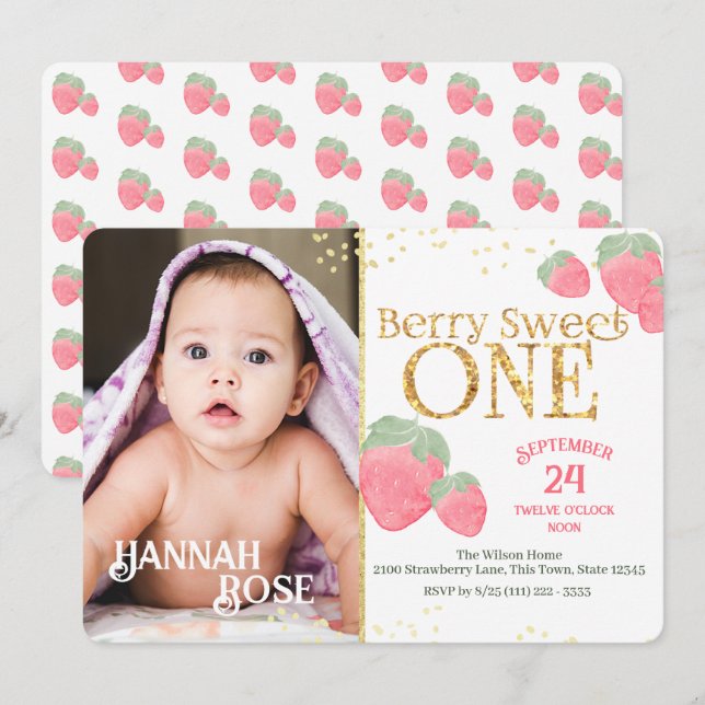 Invitación Primer cumpleaños de fresa dulce del bebé con foto (Anverso / Reverso)