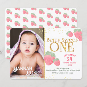 Invitación Primer cumpleaños de fresa dulce del bebé con foto