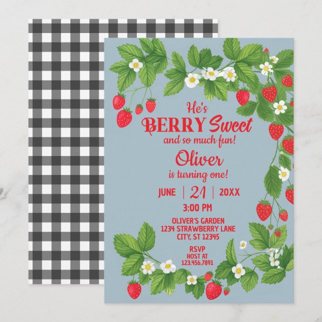 Invitación Primer cumpleaños de fresa (rojo y azul) (Anverso / Reverso)