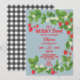 Invitación Primer cumpleaños de fresa (rojo y azul)