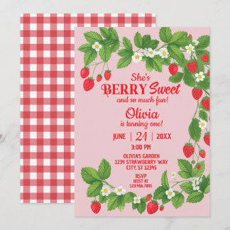 Invitación Primer cumpleaños de fresa (rojo y rosa)