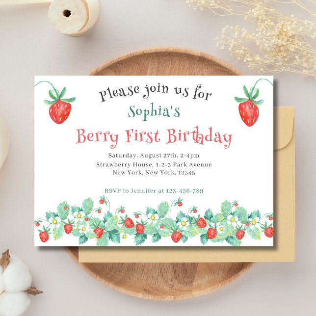 Invitación Primer cumpleaños de fresa rosa Berry (Berry First Birthday Party Invitation. Pink Strawberries.)