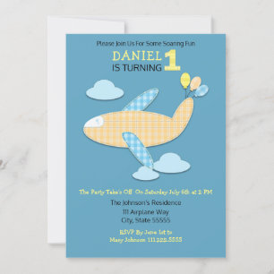 Invitación Primer cumpleaños de Gingham Airplane y Balloons