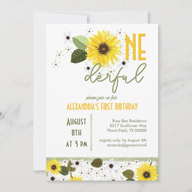 Invitación Primer cumpleaños de girasol (Anverso)