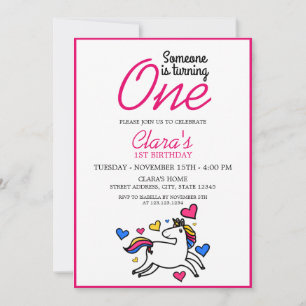 Invitación Primer cumpleaños de Girly White y Pink Unicorn