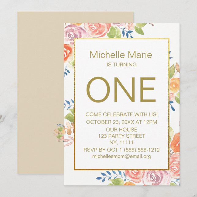 Invitación Primer cumpleaños de Gold Watercolor Floral (Anverso / Reverso)