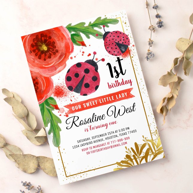 Invitación Primer cumpleaños de Golden Red Ladybug Watercolor (Subido por el creador)