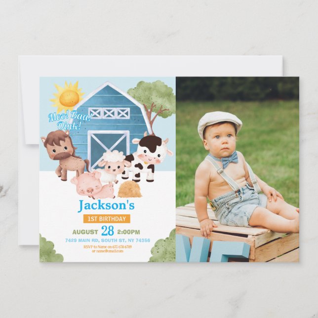 Invitación Primer cumpleaños de granja Invitar a los niños az (Anverso)