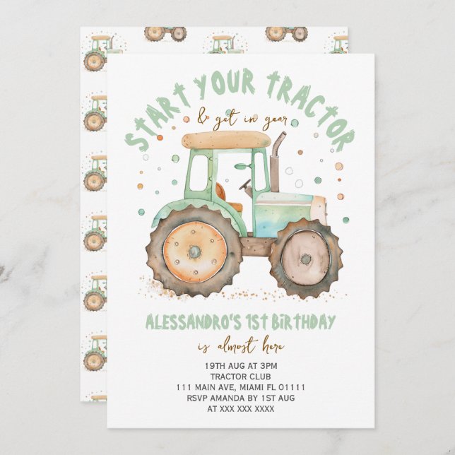 Invitación Primer cumpleaños de Green Tractor (Anverso / Reverso)