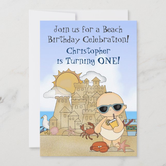 Invitación Primer cumpleaños de Guay Boy Beach Baby y Sandcas (Anverso)