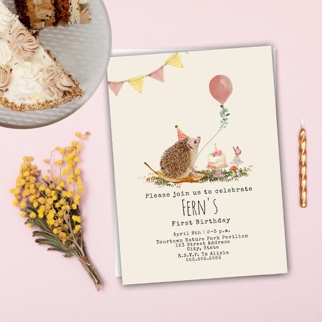 Invitación Primer cumpleaños de Hedgehog Pink Balloon Forest (Subido por el creador)