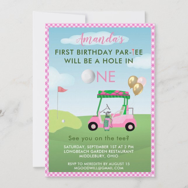Invitación Primer cumpleaños de Hole in One Golf Chica Rosado (Anverso)