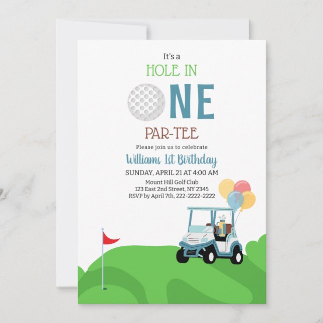 Invitación Primer Cumpleaños De Hole In One Par Tee Golf (Anverso)