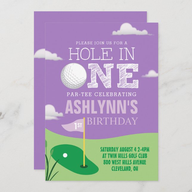 Invitación Primer cumpleaños de Hole in One Purple Golf Theme (Anverso / Reverso)