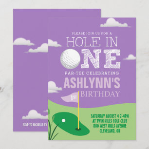 Invitación Primer cumpleaños de Hole in One Purple Golf Theme