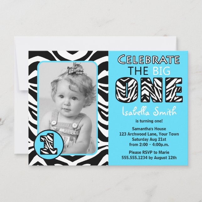 Invitación Primer cumpleaños de impresión azul Zebra (Anverso)