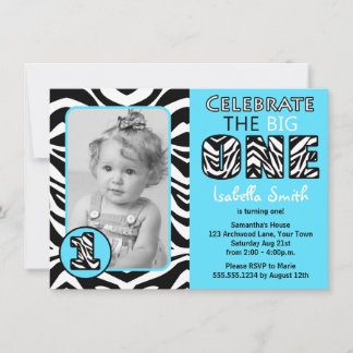 Invitación Primer cumpleaños de impresión azul Zebra