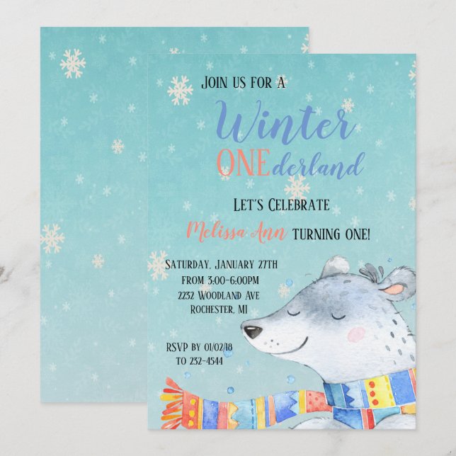 Invitación Primer Cumpleaños de Invierno Onederland (Anverso / Reverso)