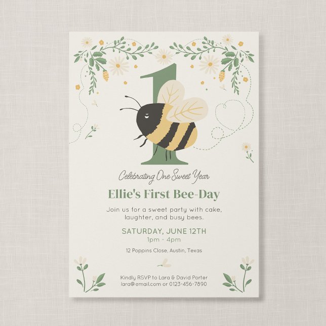 Invitación Primer Cumpleaños de la Abeja Historieta Cumpleaño (Wildflower Flight - First Bee Day Invitation, Front)