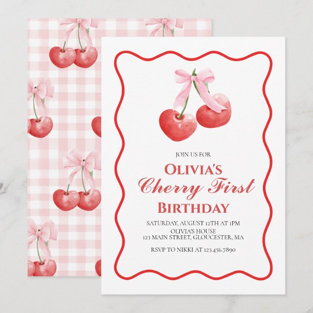 Invitación Primer cumpleaños de la adormidera de Cherry First (Anverso / Reverso)