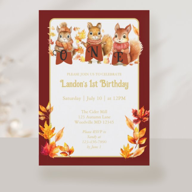 Invitación Primer cumpleaños de la ardilla de Woodland otoño (Subido por el creador)
