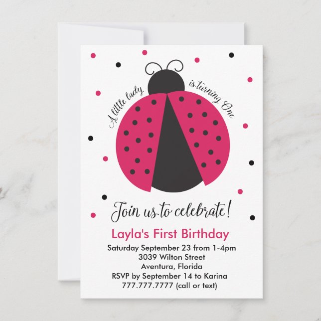 Invitación Primer cumpleaños de la bebé bebé bebé de Ladybug  (Anverso)