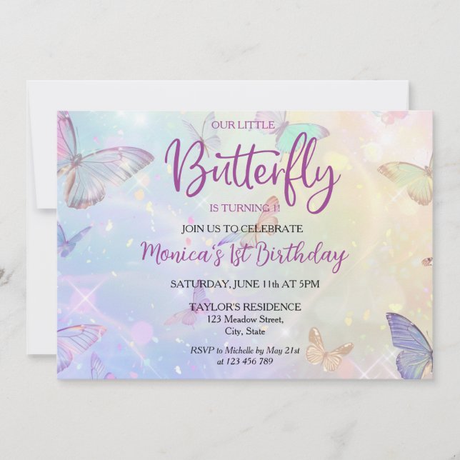 Invitación Primer cumpleaños de la bebé mariposa Pastel (Anverso)