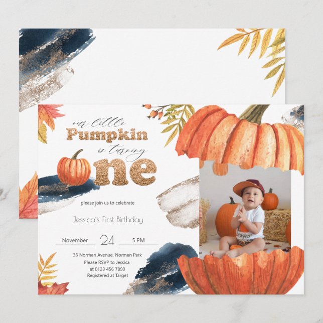Invitación Primer cumpleaños de la caída de oro de calabaza c (Anverso / Reverso)