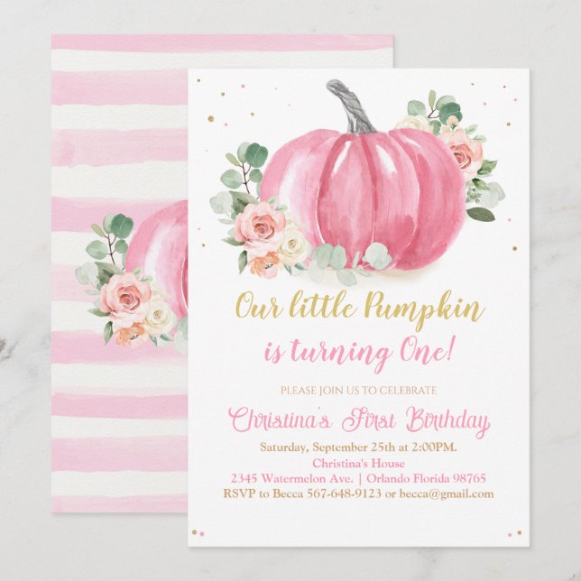 Invitación Primer cumpleaños de la calabaza (Anverso / Reverso)