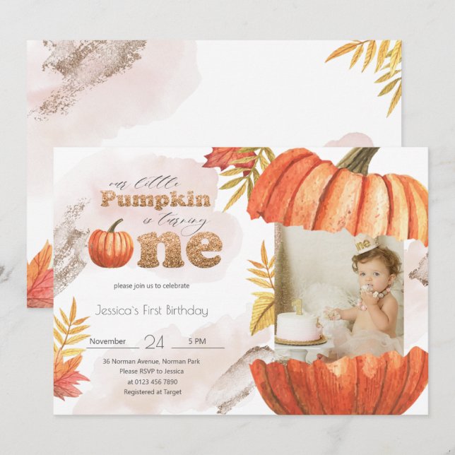 Invitación Primer cumpleaños de la calabaza de oro rosa Rubor (Anverso / Reverso)
