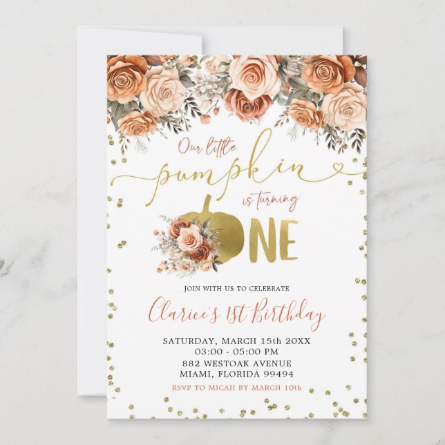Invitación Primer cumpleaños de la calabaza floral de oro y t (Anverso)