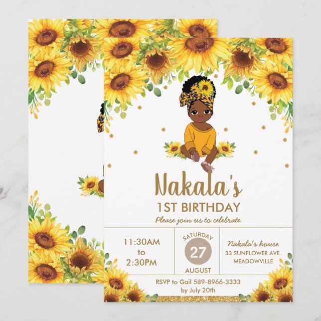 Invitación Primer cumpleaños de la Chica afroamericana Sunflo (Anverso / Reverso)