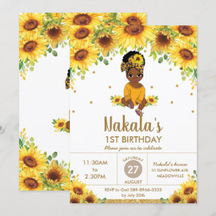Invitación Primer cumpleaños de la Chica afroamericana Sunflo