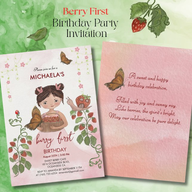 Invitación Primer cumpleaños de la Chica de acuarela "Berry S (Watercolor 'Berry Sweet' Girl First Birthday Invitation)
