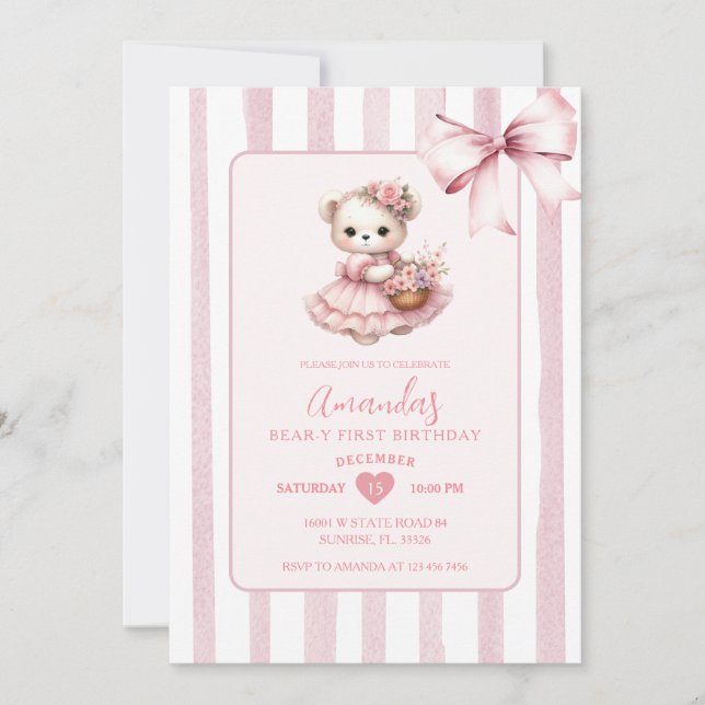 Invitación Primer cumpleaños de la cinta de opciones rosada (Anverso)