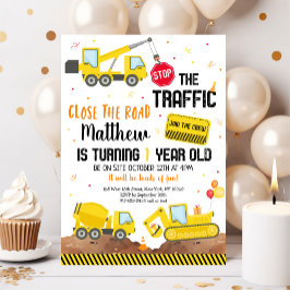 Invitación Primer cumpleaños de la excavadora de camiones de 